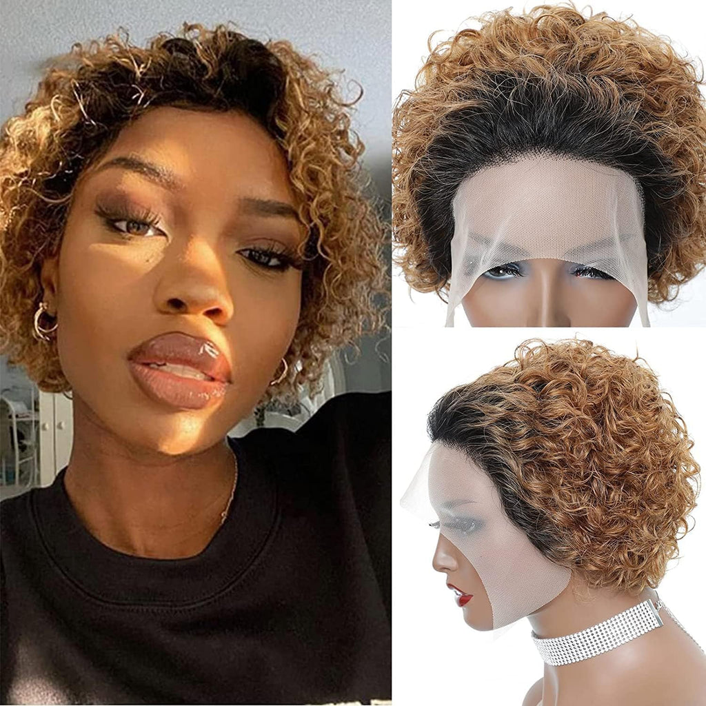 13X4 inch 180% Density Short Curly Pixie Human Hair Wet and Wavy Lace Frontal Wigs