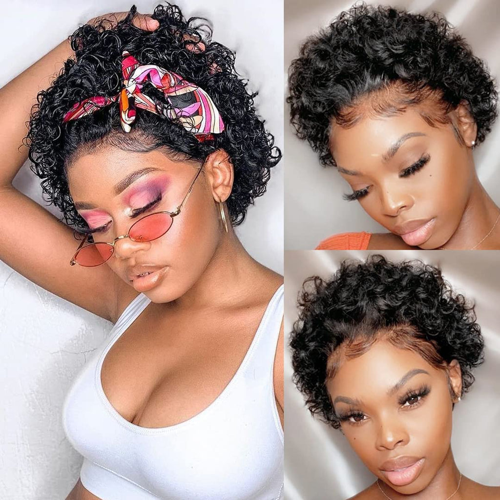 13X4 inch 180% Density Short Curly Pixie Human Hair Wet and Wavy Lace Frontal Wigs