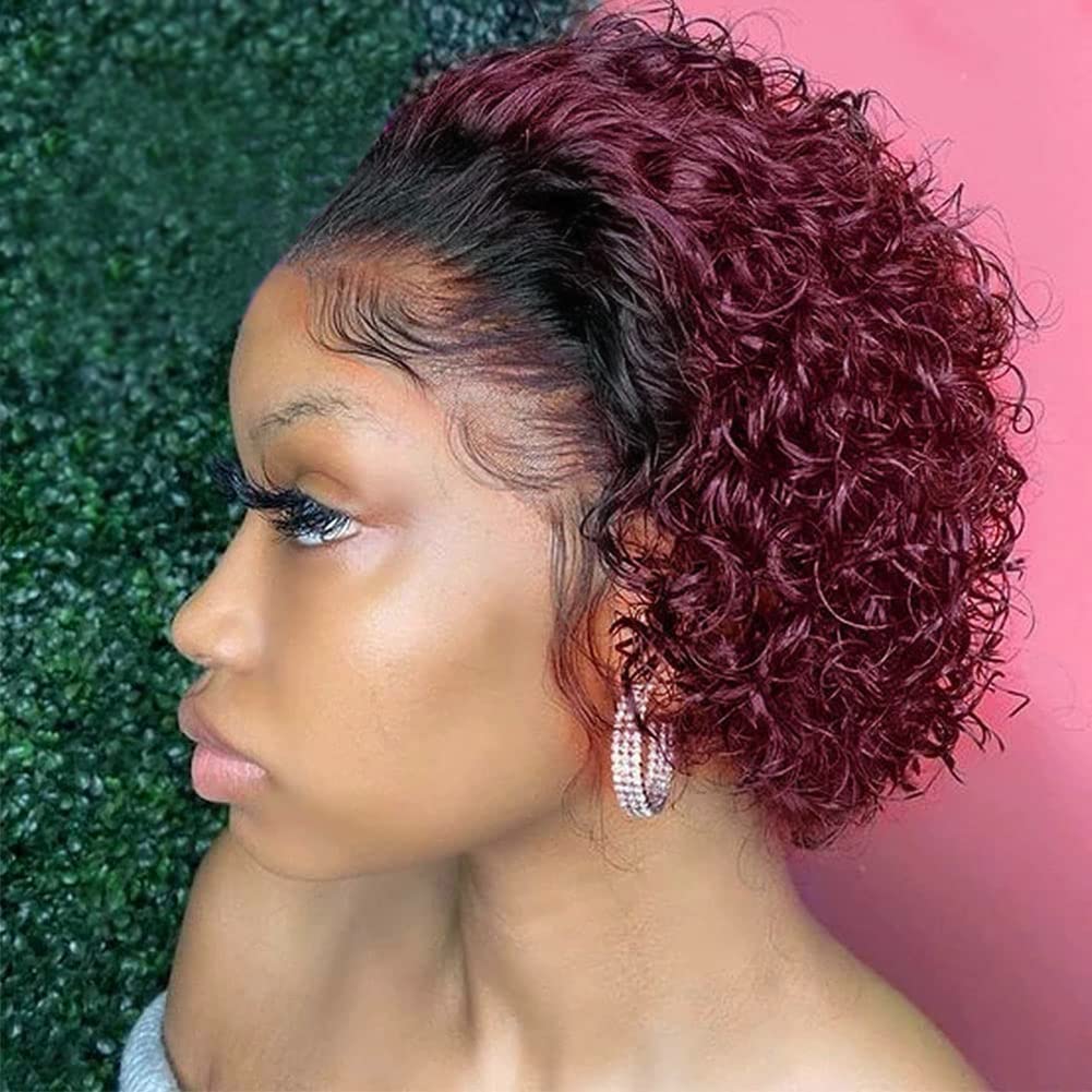 13X4 inch 180% Density Short Curly Pixie Human Hair Wet and Wavy Lace Frontal Wigs