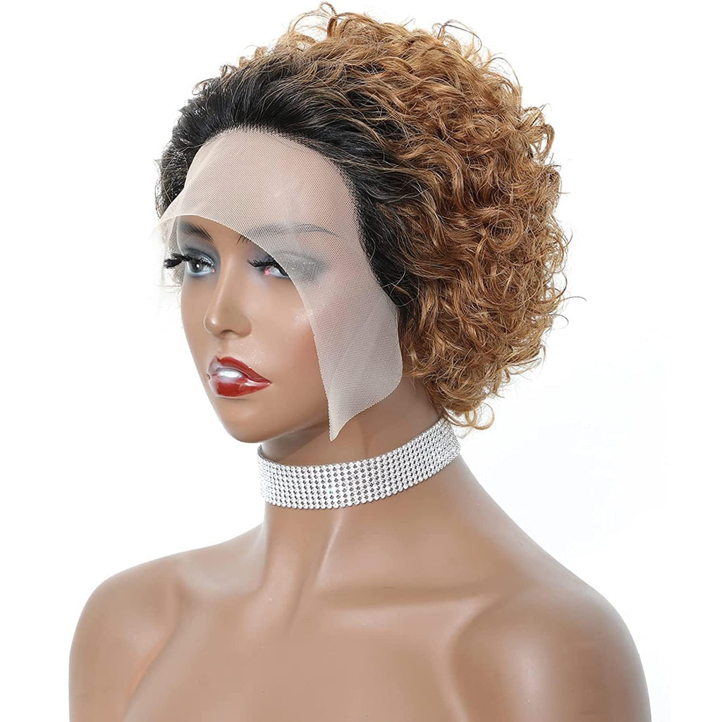 13X4 inch 180% Density Short Curly Pixie Human Hair Wet and Wavy Lace Frontal Wigs