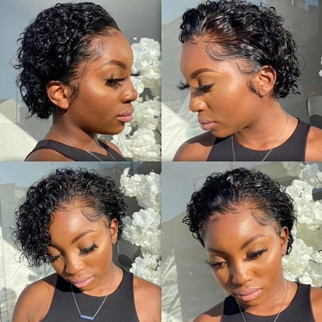 13X4X1 inch 180% Density Short Curly Pixie Human Hair Wet and Wavy Lace Frontal Wigs
