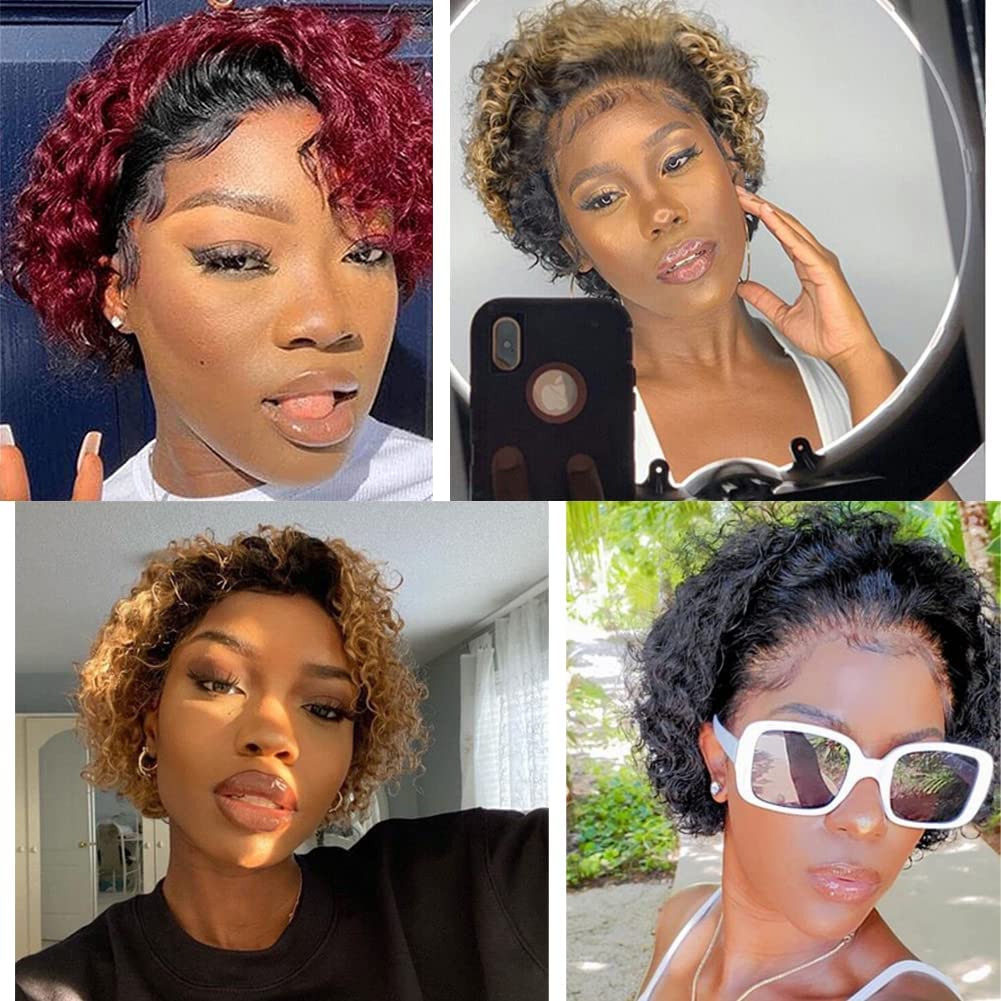 13X4 inch 180% Density Short Curly Pixie Human Hair Wet and Wavy Lace Frontal Wigs