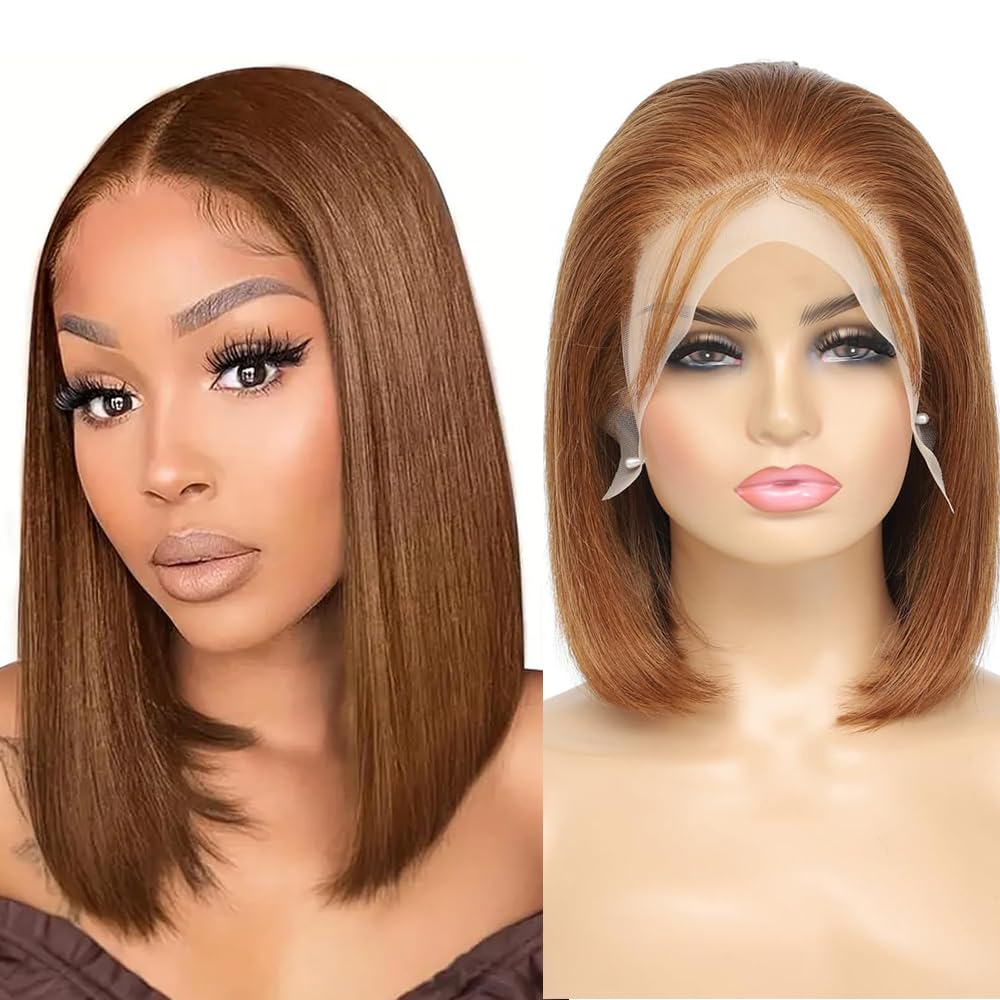 13X4 Lace Front Bob Wigs Human hair 180% Density Short Straight Wig Brown