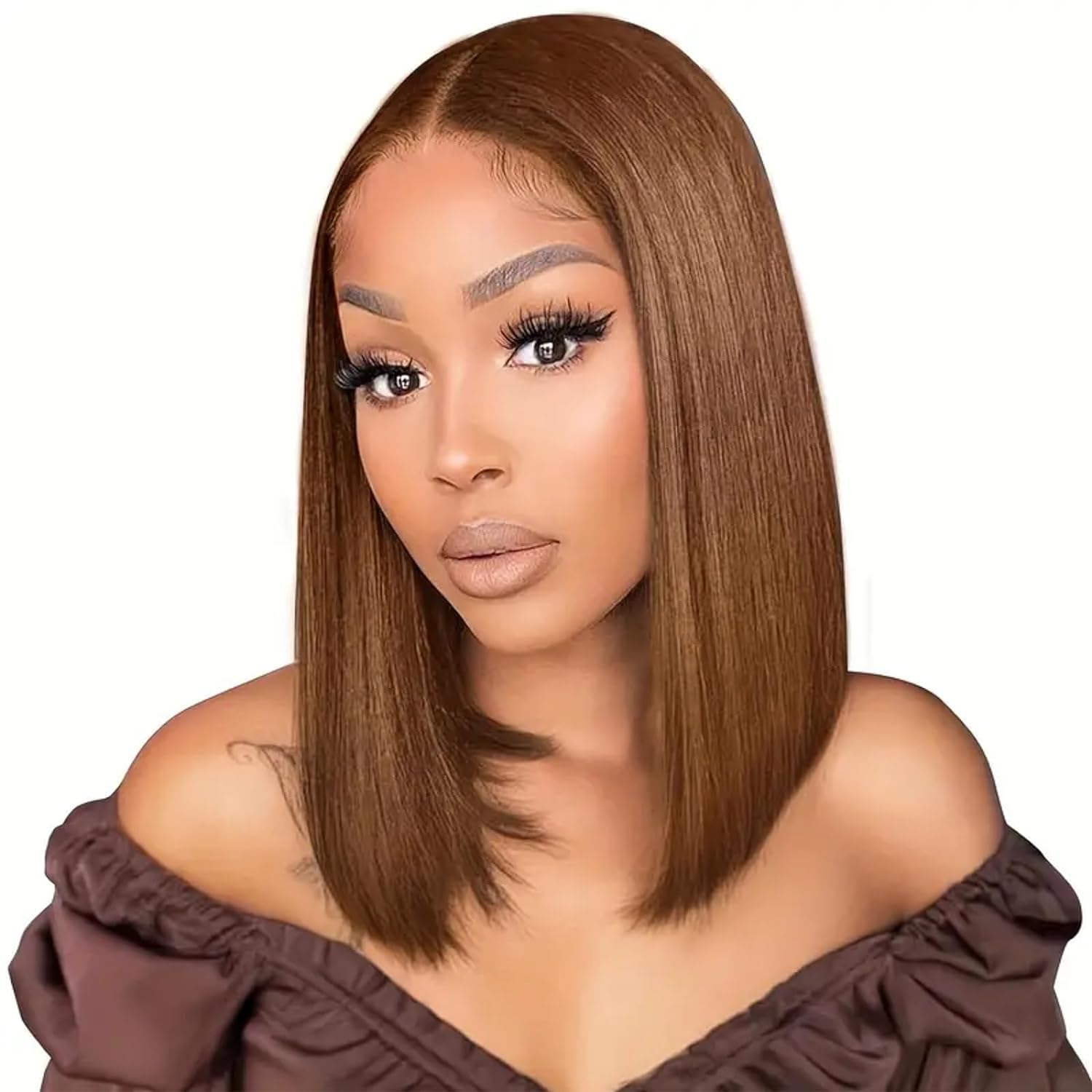 13X4 Lace Front Bob Wigs Human hair 180% Density Short Straight Wig Brown