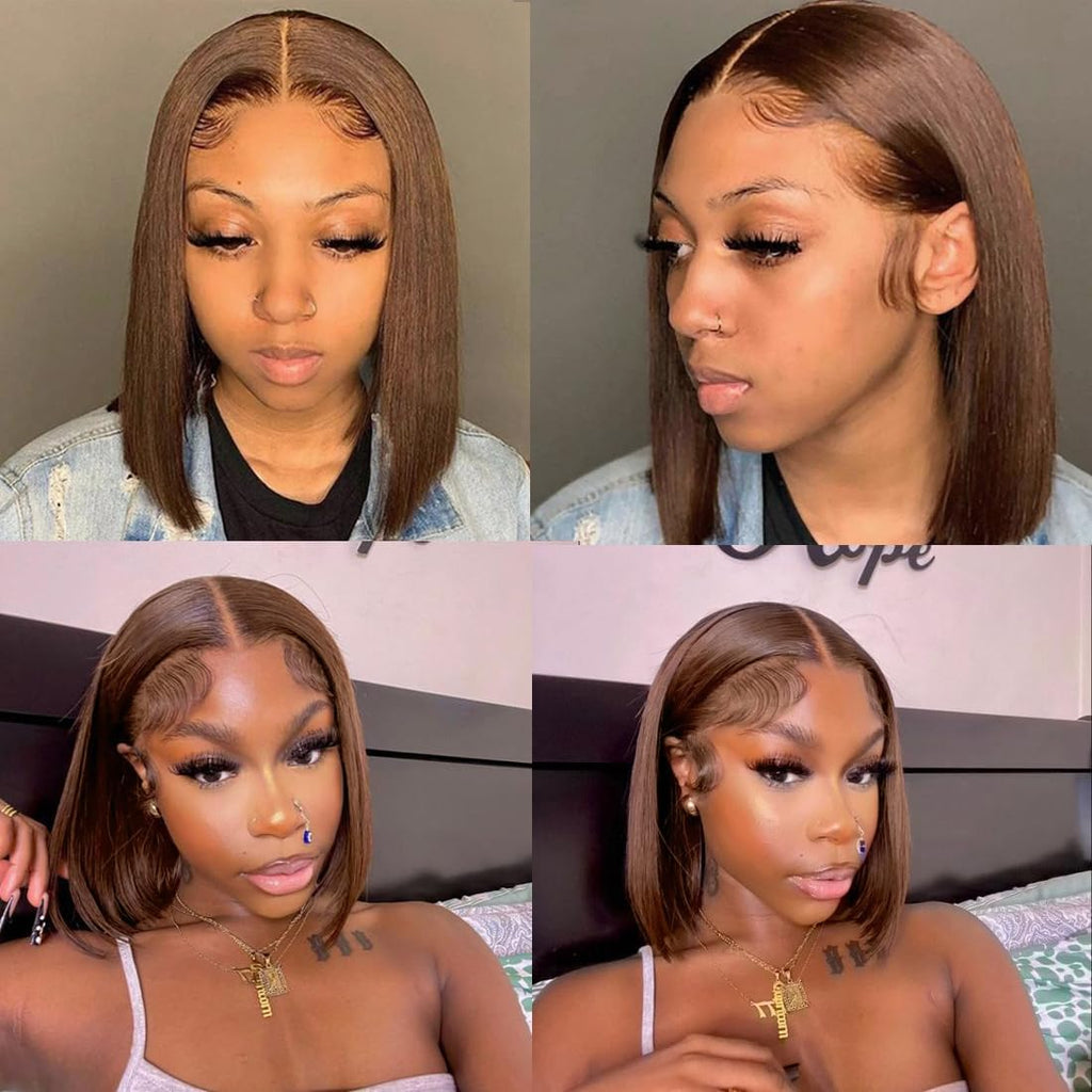 13X4 Lace Front Bob Wigs Human hair 180% Density Short Straight Wig Brown
