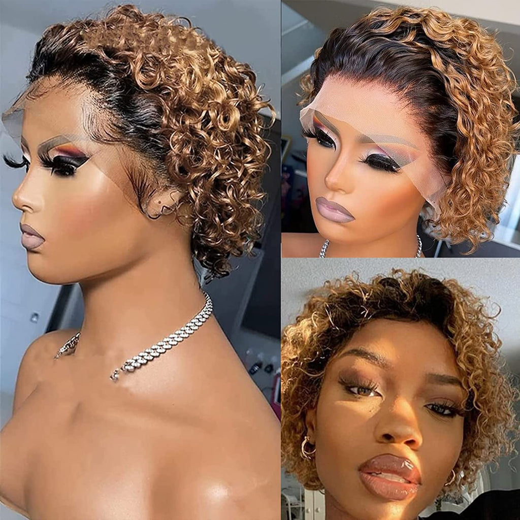 13X4 inch 180% Density Short Curly Pixie Human Hair Wet and Wavy Lace Frontal Wigs