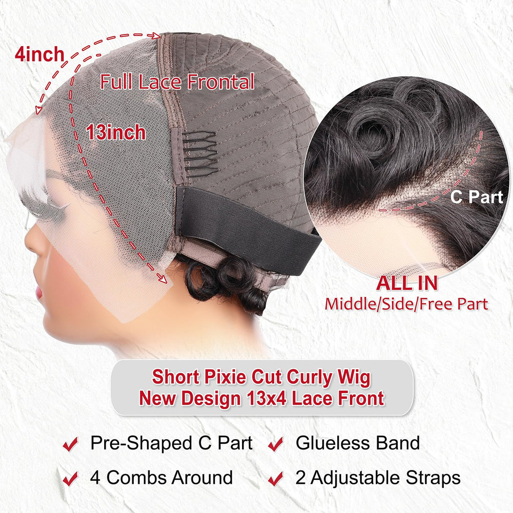 13X4 inch 180% Density Short Curly Pixie Human Hair Wet and Wavy Lace Frontal Wigs