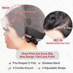 13X4 inch 180% Density Short Curly Pixie Human Hair Wet and Wavy Lace Frontal Wigs