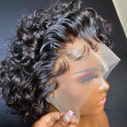 13X4 inch 180% Density Short Curly Pixie Human Hair Wet and Wavy Lace Frontal Wigs
