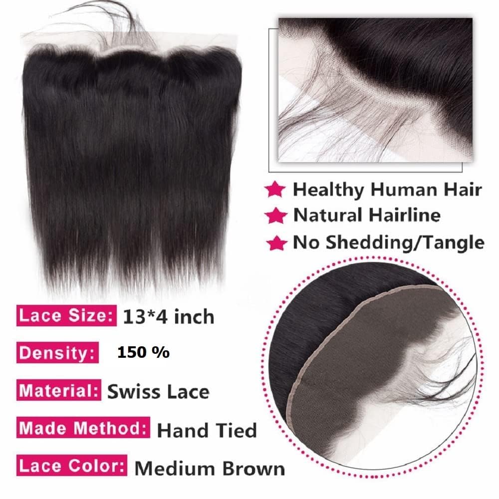 13x4 Lace Frontal Closure Ear to Ear HD Lace Frontal 12 Inch Brazilian Straight Frontal Lace Closure Virgin Human Hair Frontals Natural Black 150% Density