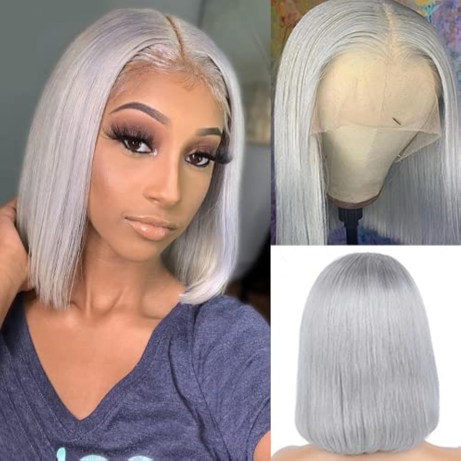 180% Density 13X4 Lace Front Bob Human hair Wig Grey
