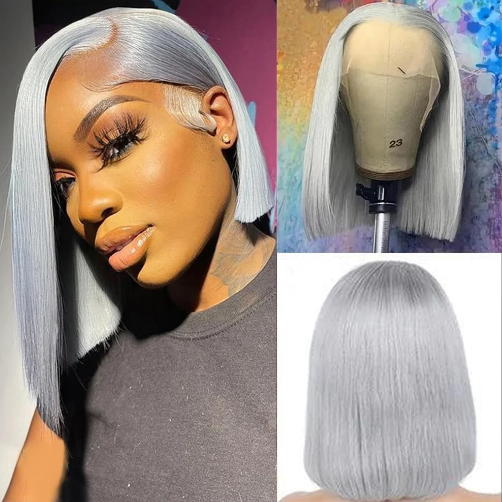 180% Density 13X4 Lace Front Bob Human hair Wig Grey