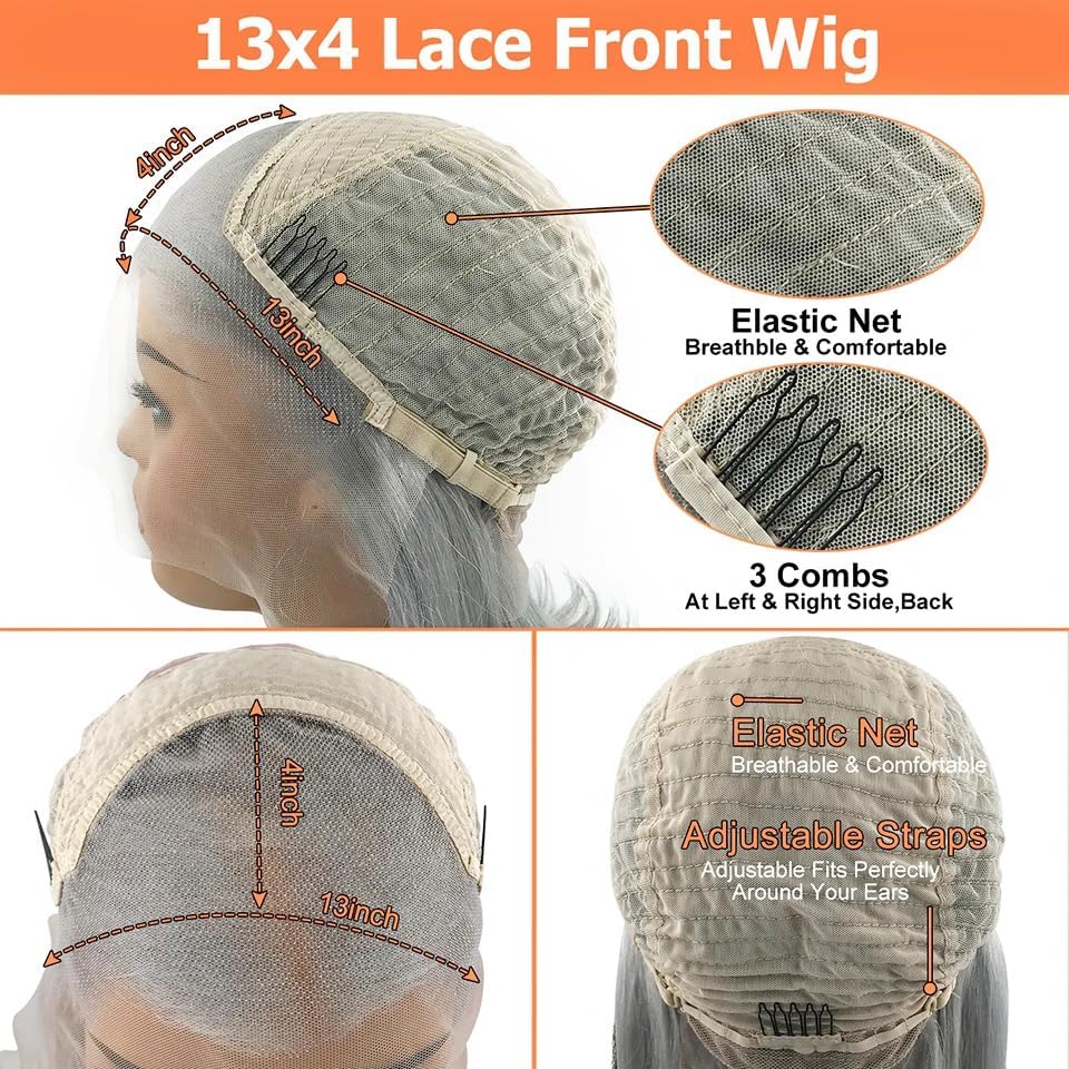 180% Density 13X4 Lace Front Bob Human hair Wig Grey