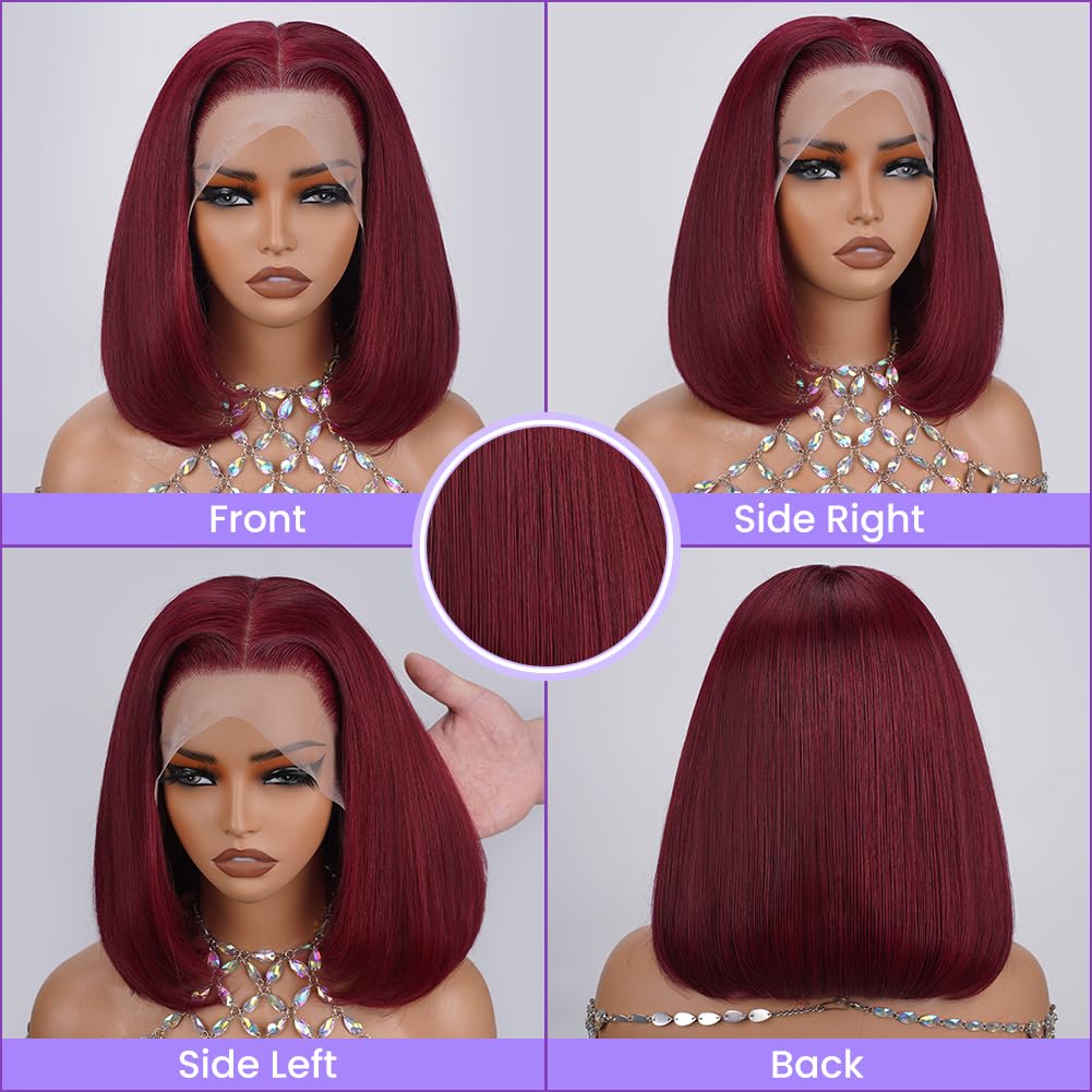 180% Density 13X4 Lace Front Bob Human hair Wig Wine Red