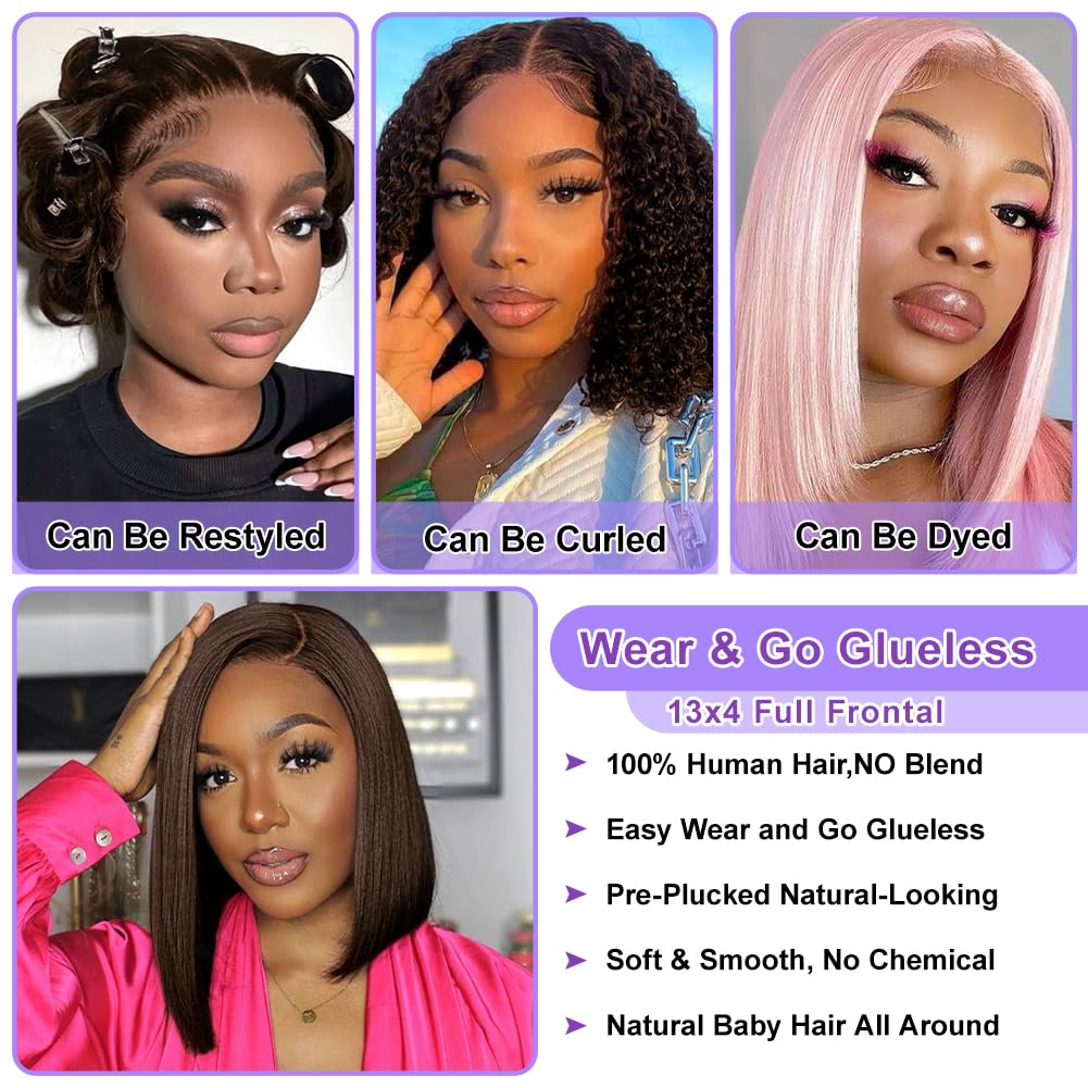 13X4 Lace Front Bob Wigs Human hair 180% Density Short Straight Wig Brown
