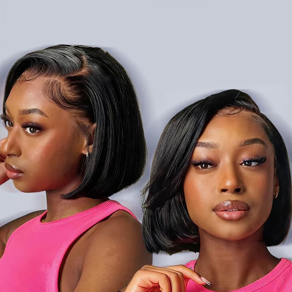180% Density 5x5 Inch Short Bob Frontal Human Hair Wigs Natural Black
