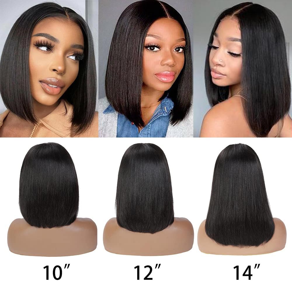180% Density 5x5 Inch Short Bob Frontal Human Hair Wigs Natural Black
