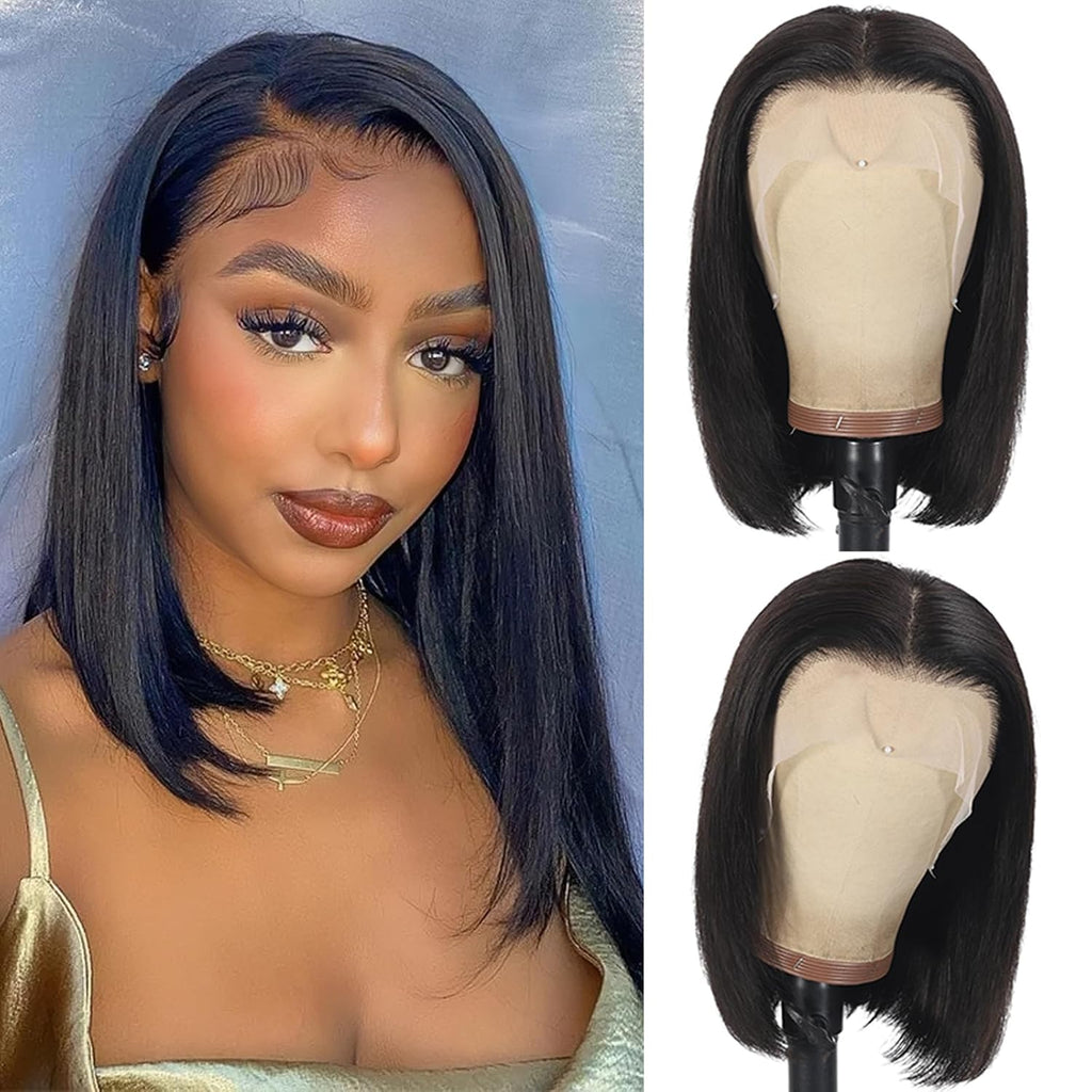 180% Density 5x5 Inch Short Bob Frontal Human Hair Wigs Natural Black