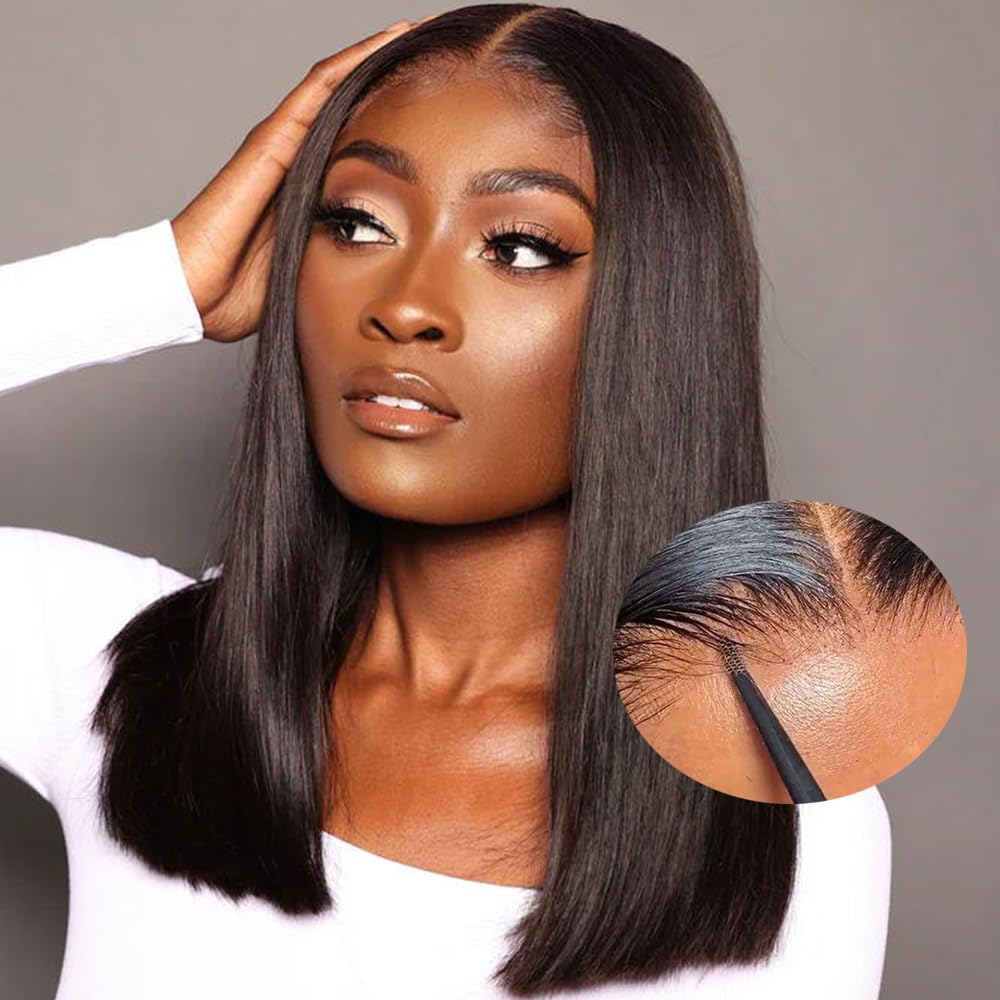 180% Density 5x5 Inch Short Bob Frontal Human Hair Wigs Natural Black