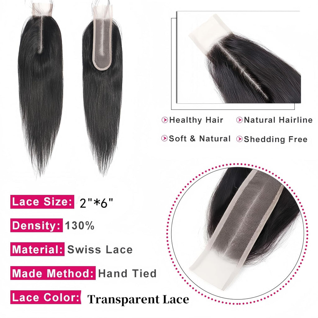 Braizilian 2x6 HD Lace Closure Straight Human Hair Deep Middle Part 2x6 Closure with Baby Hair (14 inch)