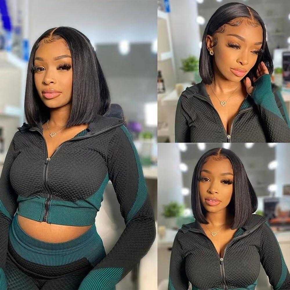 2X6inch 250% Density Vietnam Human Hair Short Bob Wigs Lace Front Wig Natural Black
