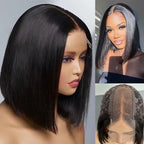 2X6inch 250% Density Vietnam Human Hair Short Bob Wigs Lace Front Wig Natural Black