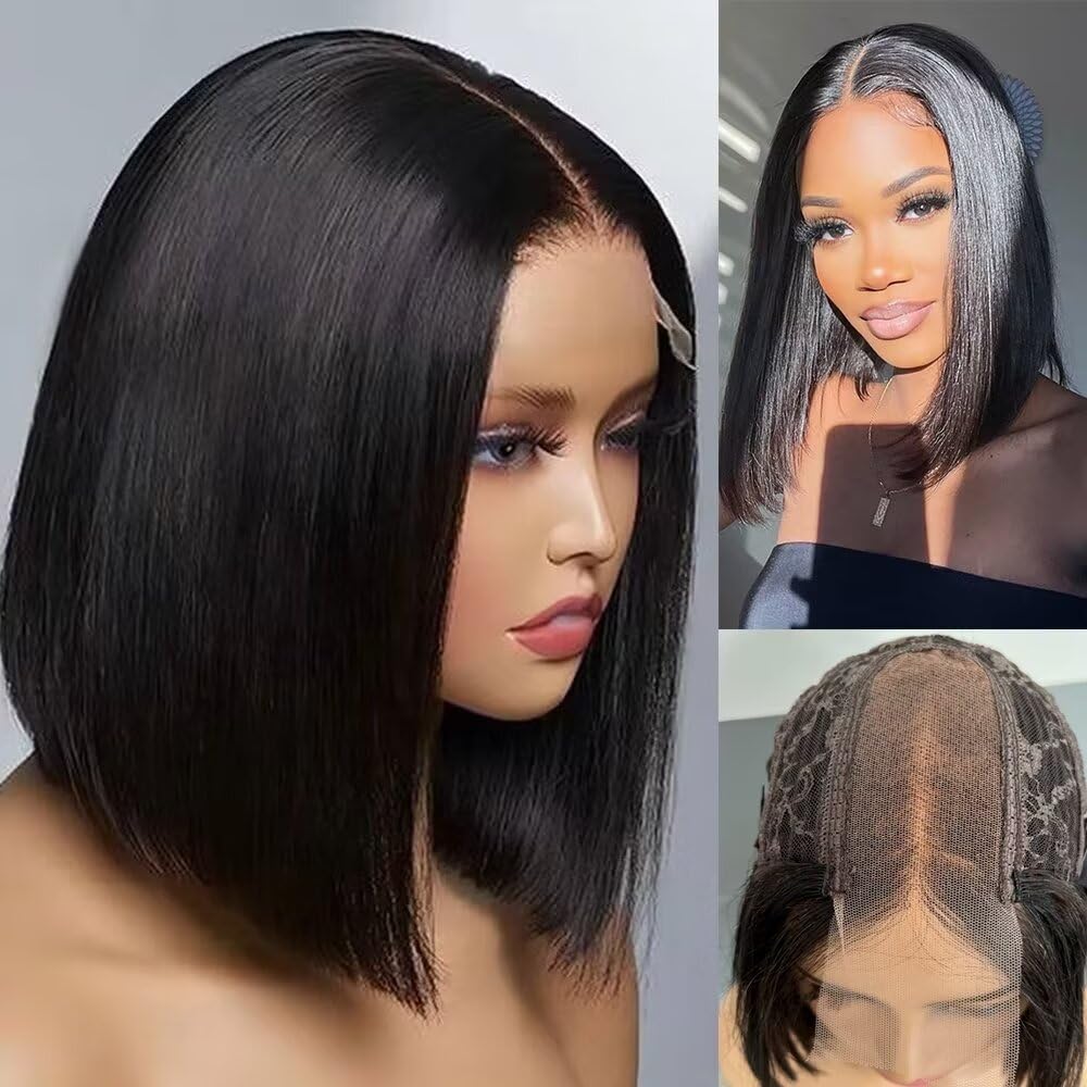 2X6inch 250% Density Vietnam Human Hair Short Bob Wigs Lace Front Wig Natural Black