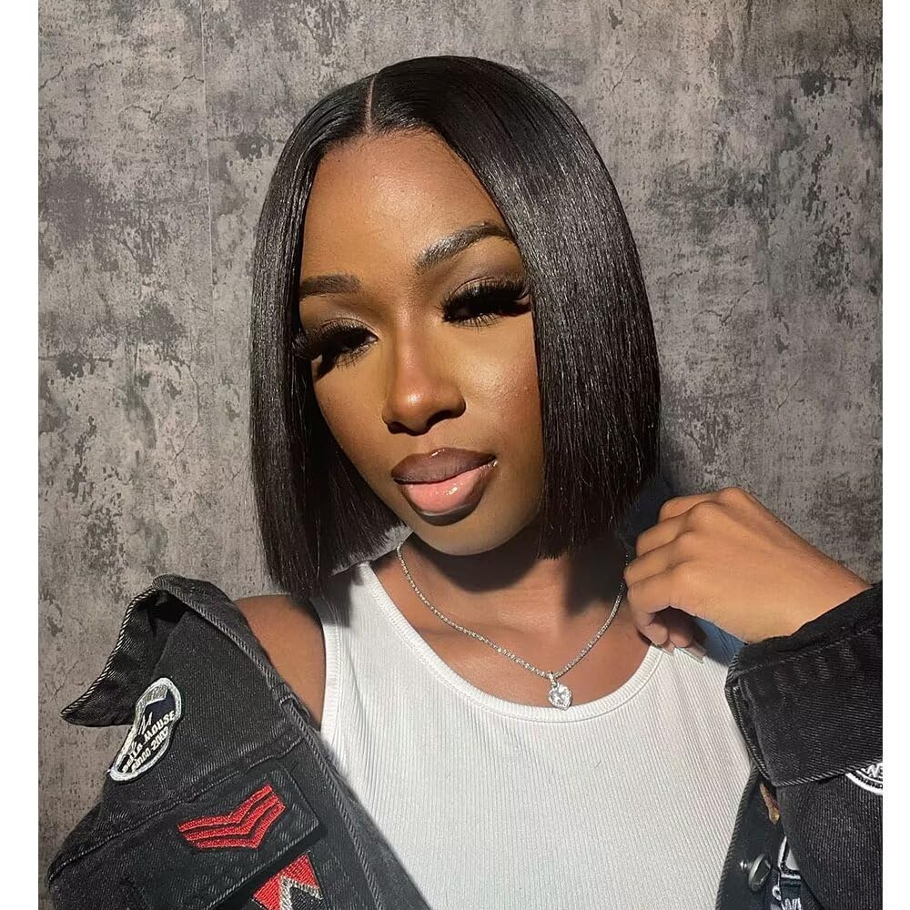 2X6inch 250% Density Vietnam Human Hair Short Bob Wigs Lace Front Wig Natural Black