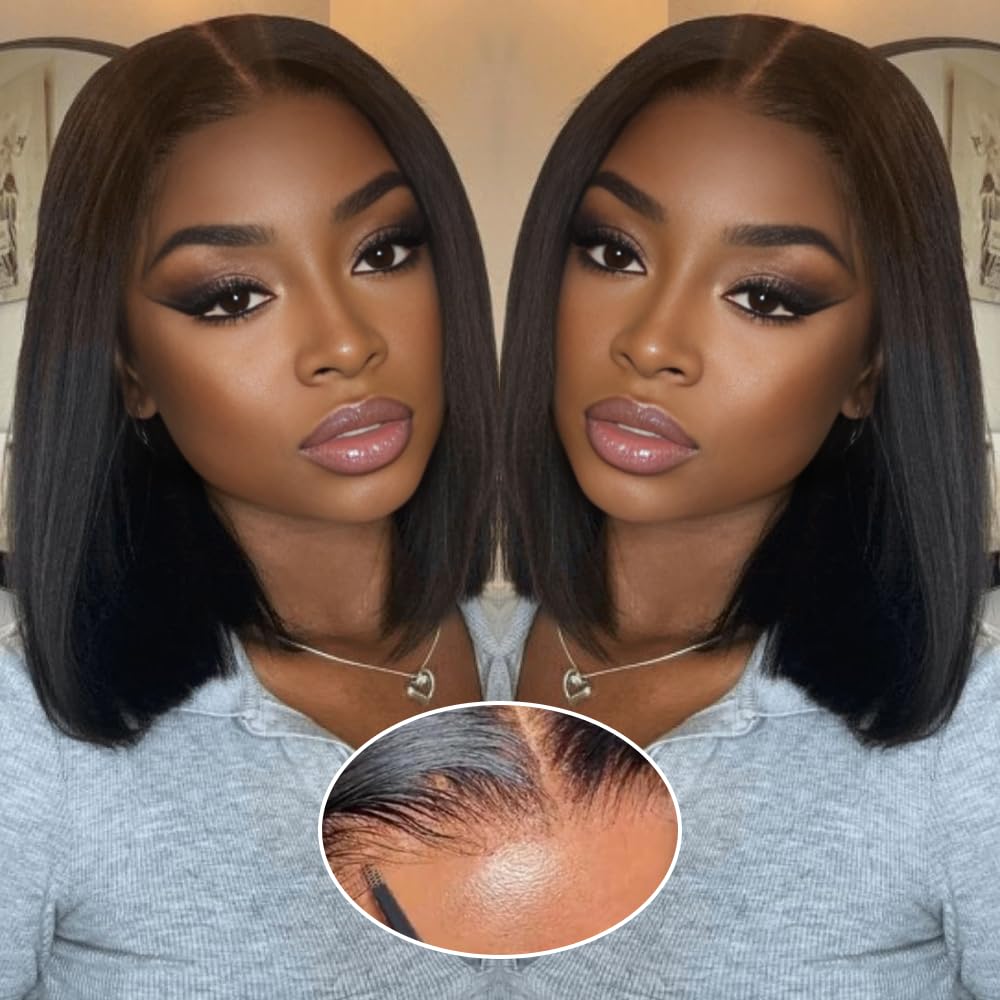 4x4 Lace Front Glueless Wigs Human Hair 180% Density Short Straight Bob Wigs