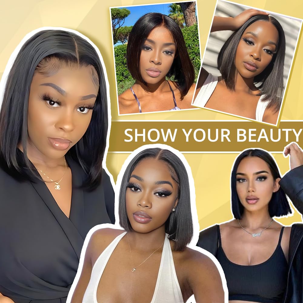 4x4 Lace Front Glueless Wigs Human Hair 180% Density Short Straight Bob Wigs