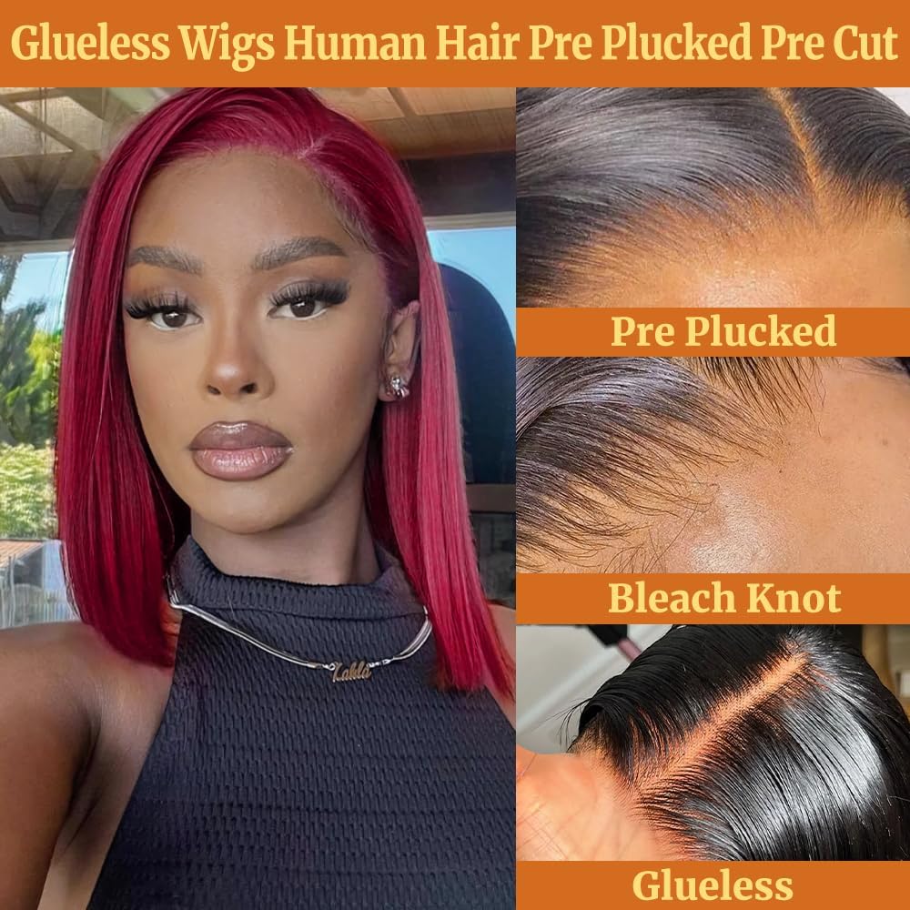 4x4 Lace Front Glueless Wigs Human Hair 180% Density Short Straight Bob Wigs