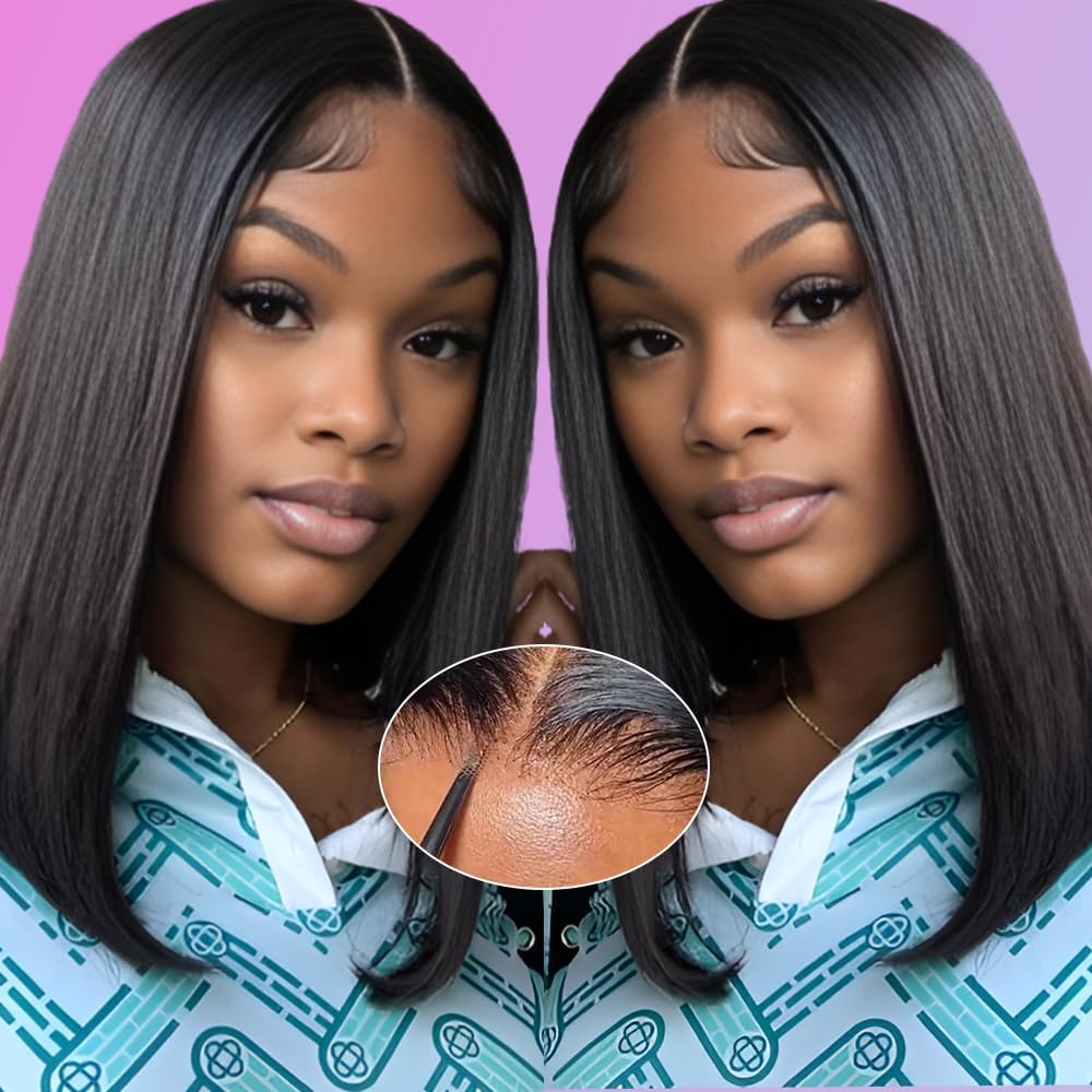 4x4 Lace Front Glueless Wigs Human Hair 180% Density Short Straight Bob Wigs