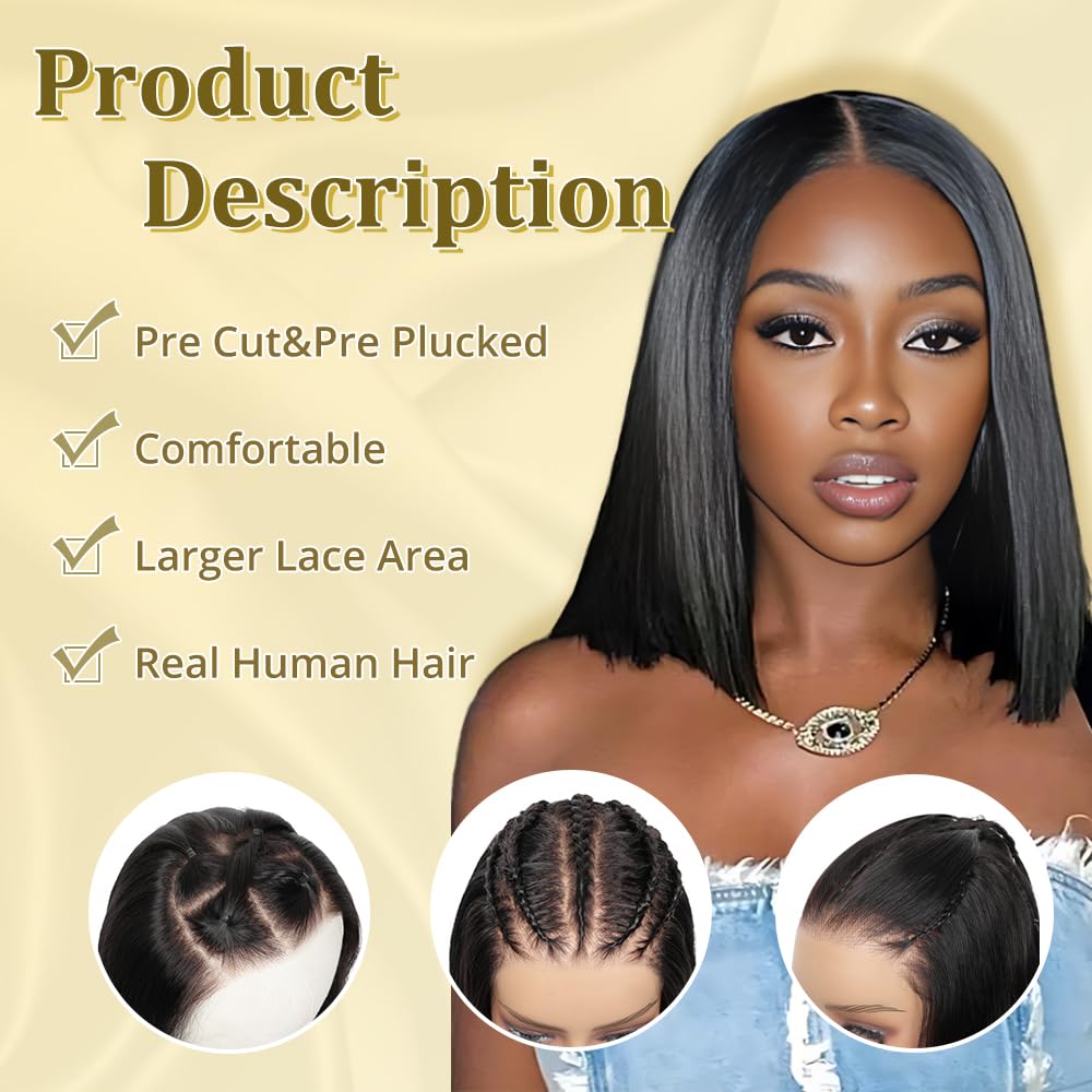 4x4 Lace Front Glueless Wigs Human Hair 180% Density Short Straight Bob Wigs