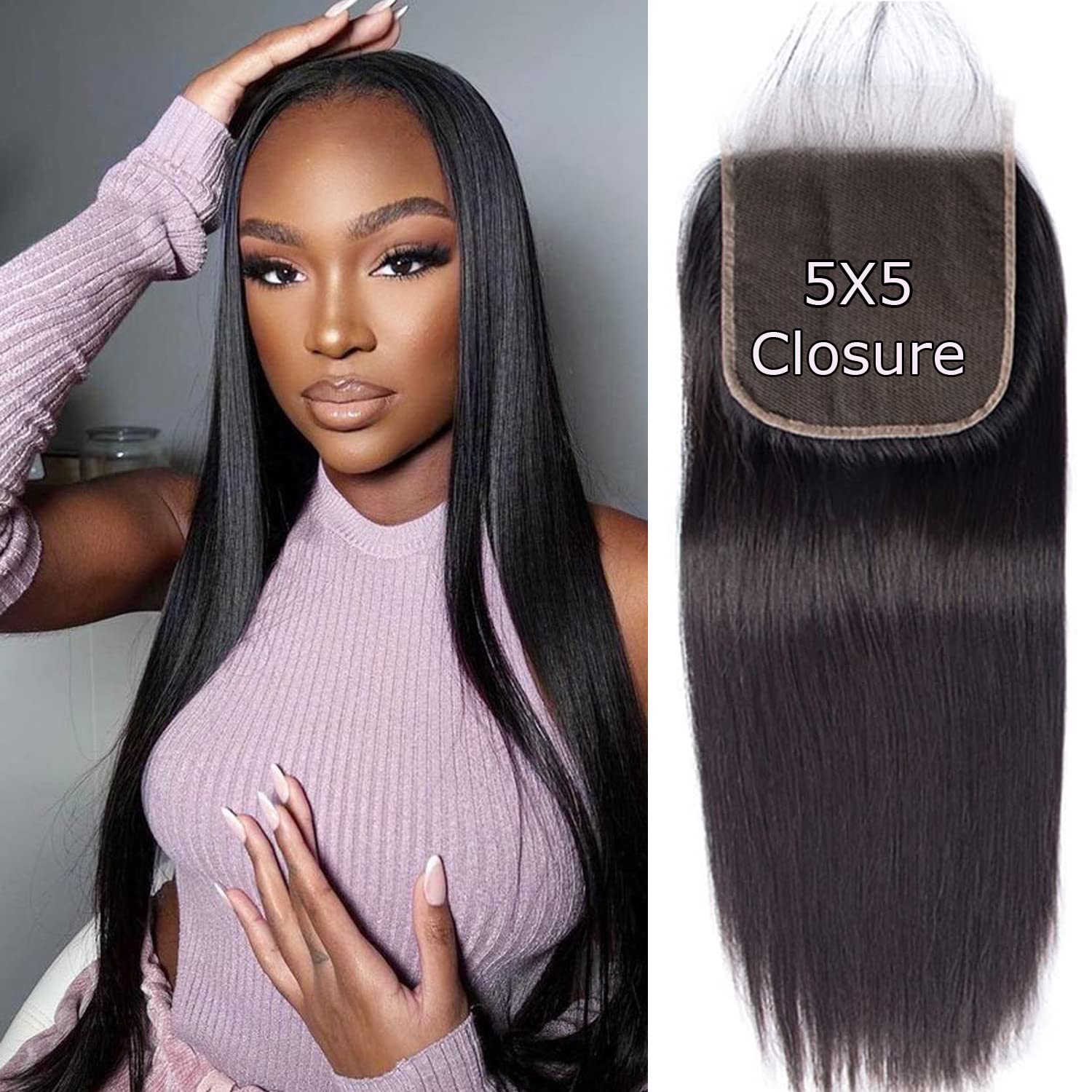 Hd Closure 5x5 Straight Closure 5x5 Transparent Lace 12A Virgin Remy Human Hair Frontal Pre Plucked With Baby Hair Natural Hairline (14inch)