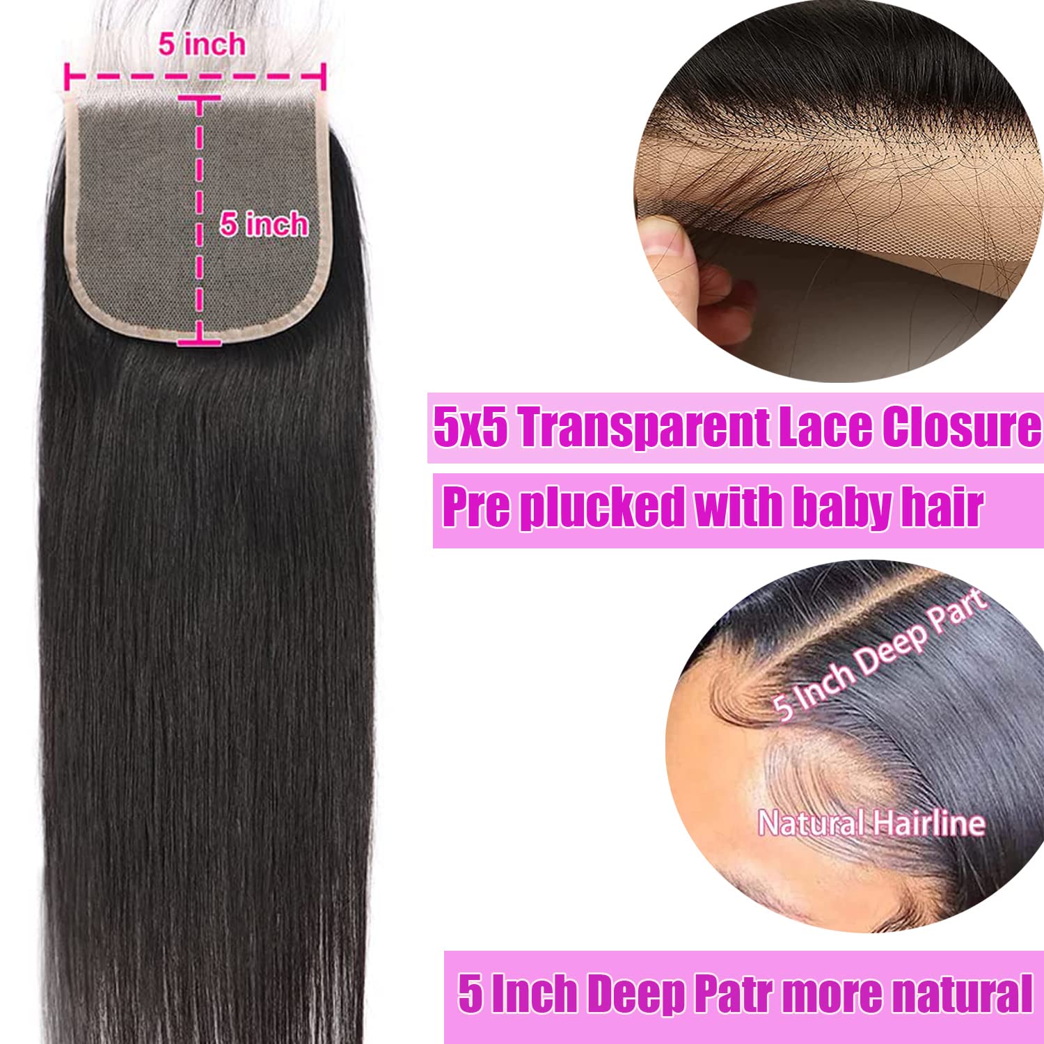 Hd Closure 5x5 Straight Closure 5x5 Transparent Lace 12A Virgin Remy Human Hair Frontal Pre Plucked With Baby Hair Natural Hairline (14inch)