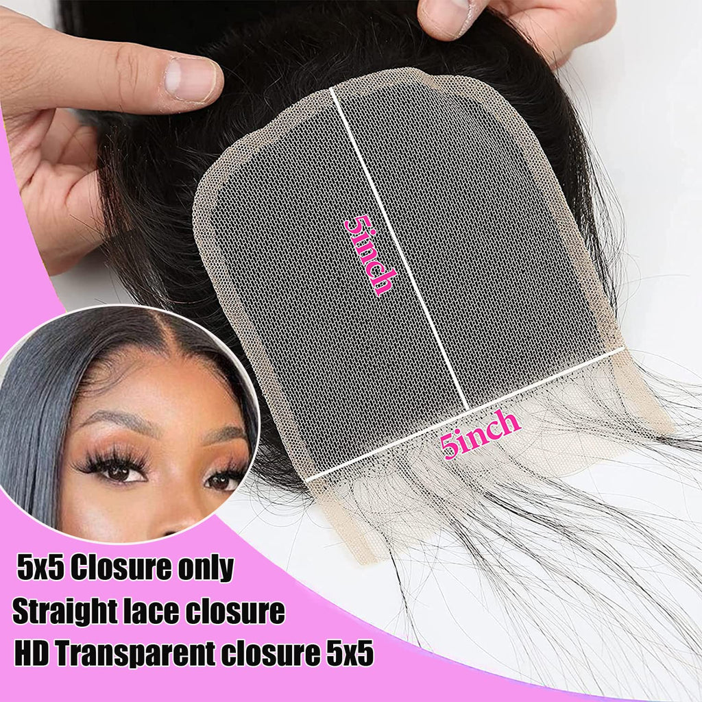 Hd Closure 5x5 Straight Closure 5x5 Transparent Lace 12A Virgin Remy Human Hair Frontal Pre Plucked With Baby Hair Natural Hairline (14inch)
